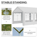White gazebo tent with front door opening, clear window panels, and ground stakes