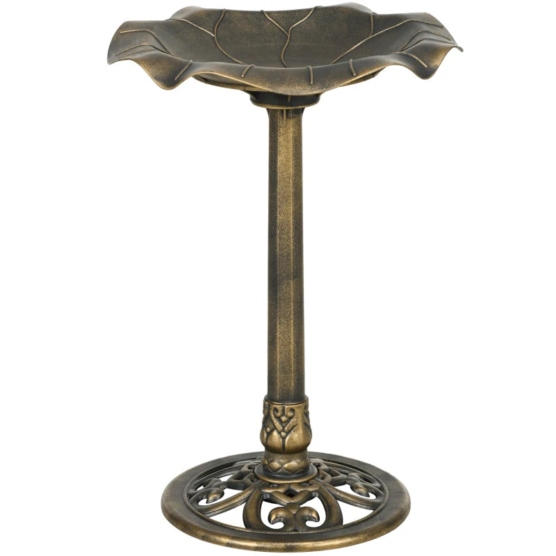 Bronze-tone standing bird bath with lotus leaf basin and ornate pedestal base