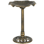 Bronze-tone standing bird bath with lotus leaf basin and ornate pedestal base