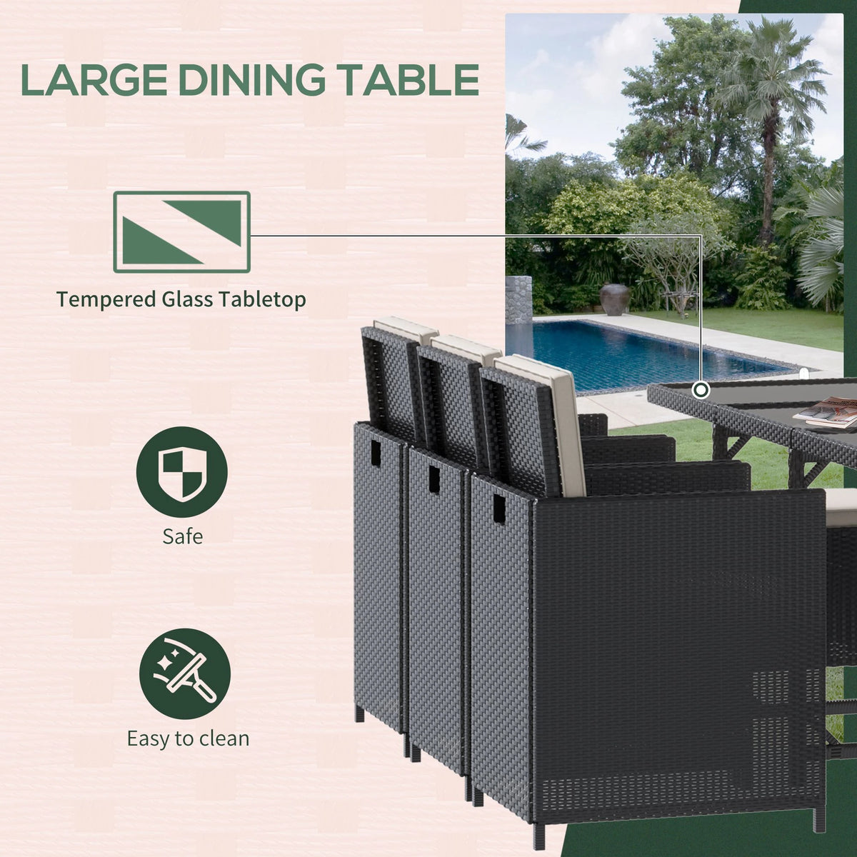 Black rattan dining set with tempered glass tabletop and fold-down chairs