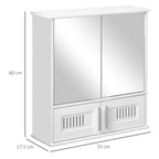 White bathroom mirror cabinet with double doors and vented storage panels; front view with size marks