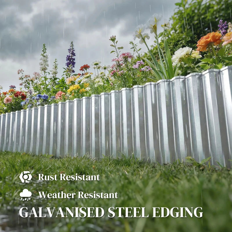 Galvanized steel garden edging border panels with corrugated ridges and straight top