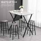 Bar table with white wood-effect top and black steel legs, seating for four with stools