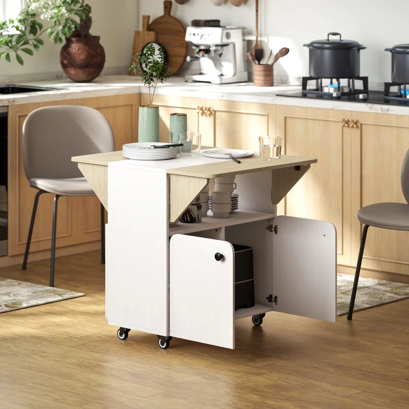 White rolling dining table with light wood tabletop, open shelf, and storage cabinet