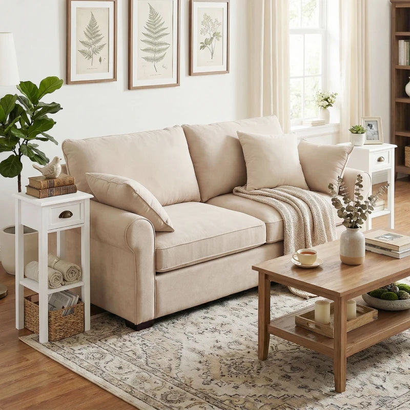 White 2-tier side table set with drawers and shelves in living room