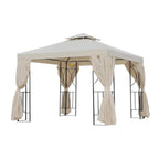 Beige double-roof garden gazebo tent with hanging side curtains and black metal frame