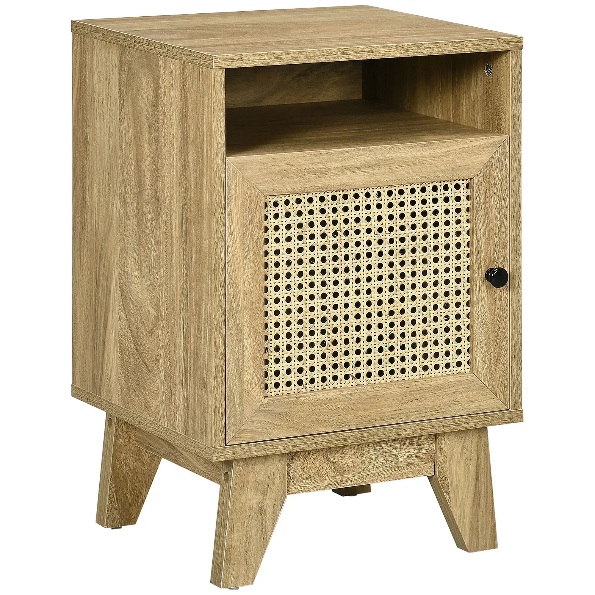 Narrow Rattan Nightstand, Side End Table with Shelf and Cupboard, 39cm x 35cm x 60cm, Natural - Bobobiy