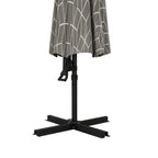 Centre-post garden parasol with grey geometric canopy skirt and black cross base