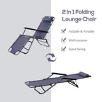 Grey 2-in-1 folding lounge chair recliner with adjustable backrest and padded headrest pillow