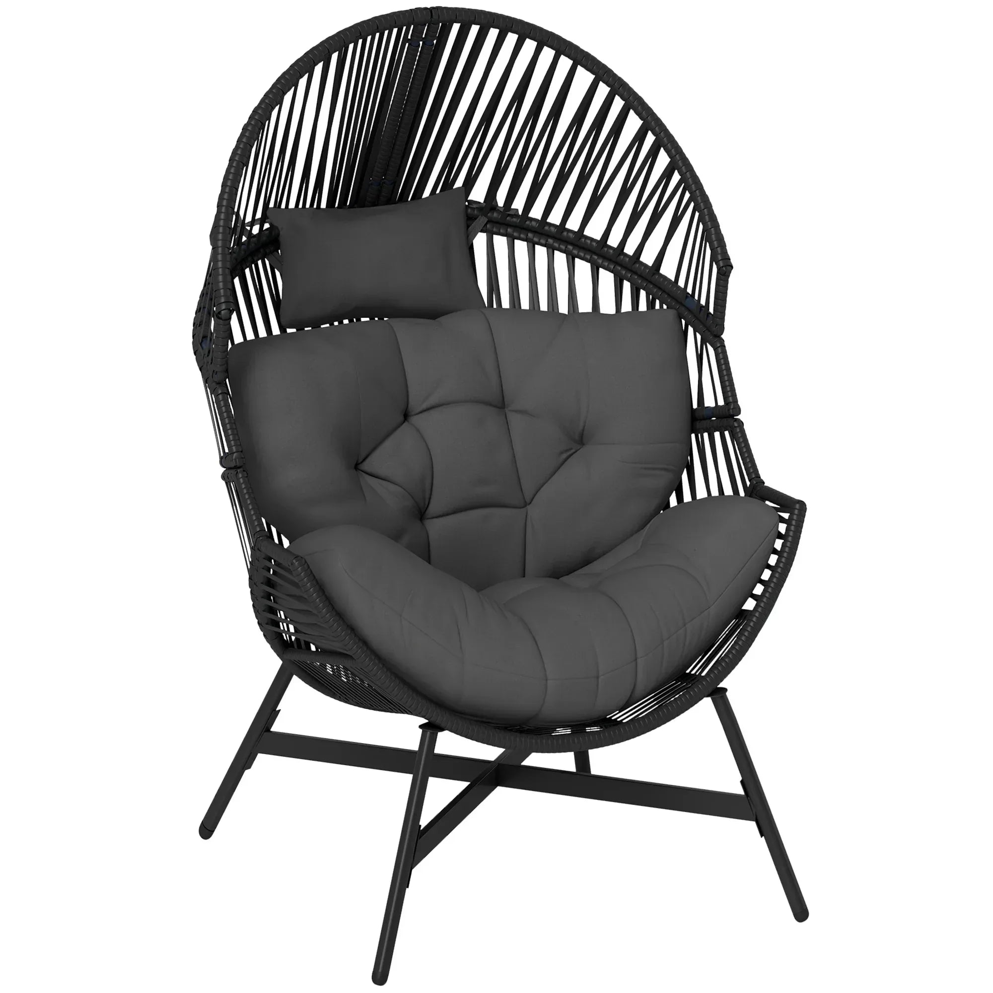 Rattan Egg Chair, Oversized Freestanding Garden Egg Chair with Thick Tufted Cushion, Headrest, Steel Frame for Indoor and Outdoor Use, Charcoal Grey - Bobobiy