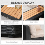 Coffee table and sofa detail: slatted tabletop, woven frame, adjustable feet, and backrest