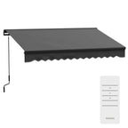 Dark grey electric awning with remote control display overlay