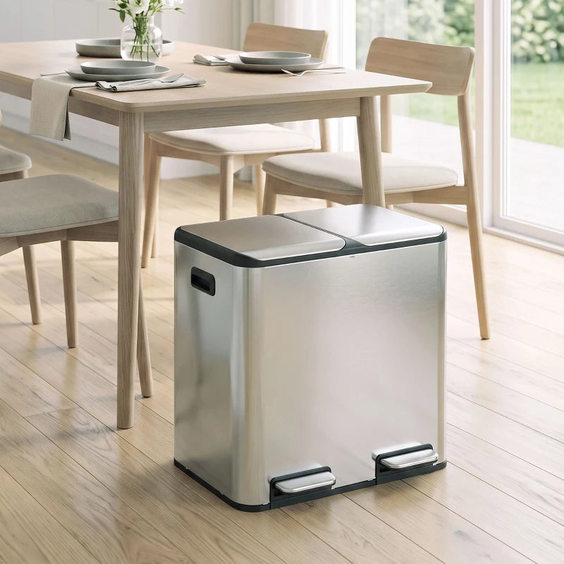 Stainless steel double pedal bin with two lids and front foot pedal controls