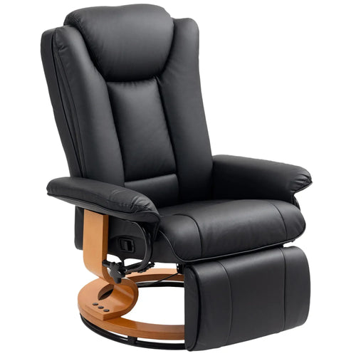 Black faux leather recliner chair with padded arms and recline footrest