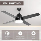 Black flush-mount ceiling fan with white LED light and efficiency icons