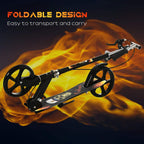 Black foldable kick scooter with wide deck and large front and rear wheels