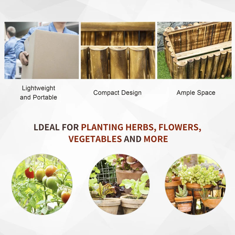 Wooden raised garden bed shown in a planting concept infographic layout.