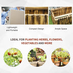 Wooden raised garden bed shown in a planting concept infographic layout.