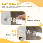 White pressure-mounted pet safety gate with drill-mount option at both ends