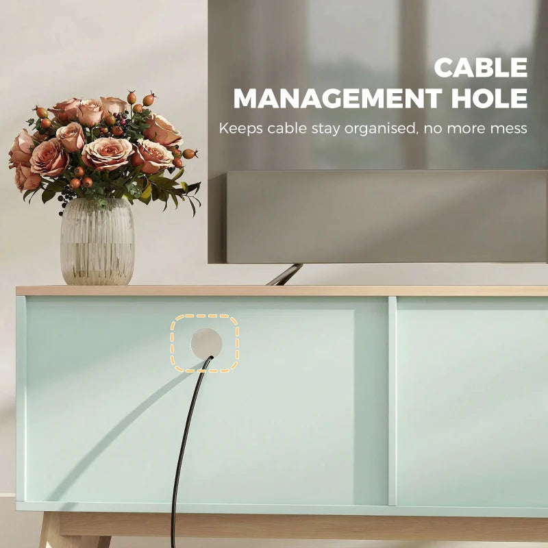 Light green TV stand drawer with cable management cutout on front