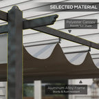 Grey polyester retractable canopy attached to black aluminium pergola frame, close-up