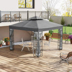 Grey patio gazebo tent with double-tier roof and mesh side netting, steel frame