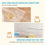 Transparent modular hamster cage with top opening door and blue water bottle