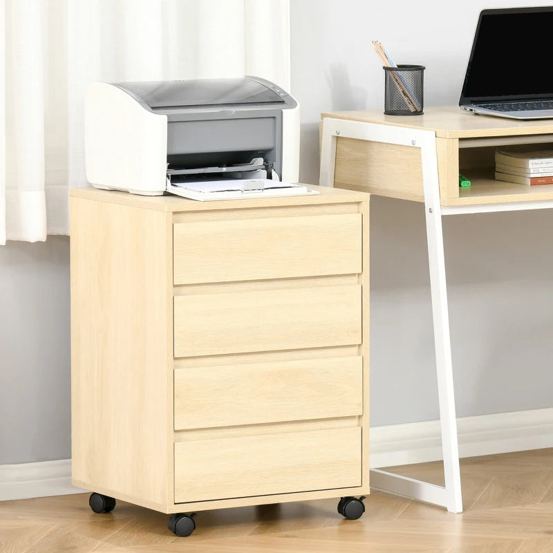 Four-drawer office filing cabinet in light wood, mounted on caster wheels