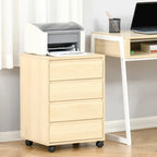 Four-drawer office filing cabinet in light wood, mounted on caster wheels