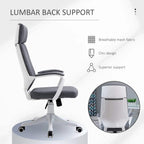 Grey office chair with lumbar back support and headrest, white base with casters