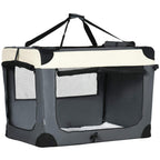 Grey foldable pet carrier with black mesh windows, front zip door, and side pocket