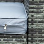 Light-blue cushion corner with zipper pull next to grey rattan weave armrest