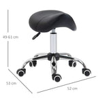 Black saddle stool on rolling caster base with silver hydraulic height post