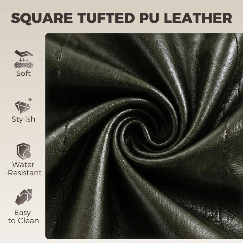 Square-tufted green PU leather upholstery detail