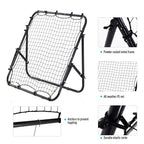 Rebounder kickback net target with black powder-coated metal frame and elastic cords