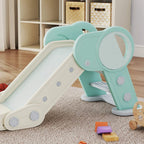 Kids indoor slide in mint green and light grey on carpet with freestanding safety stand