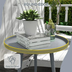 Grey round edge steel side table with flat circular top and tapered metal legs