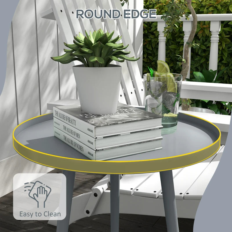 Grey round edge steel side table with flat circular top and tapered metal legs