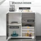 Grey sideboard cabinet with open interior: 2 drawers and 2 door compartments