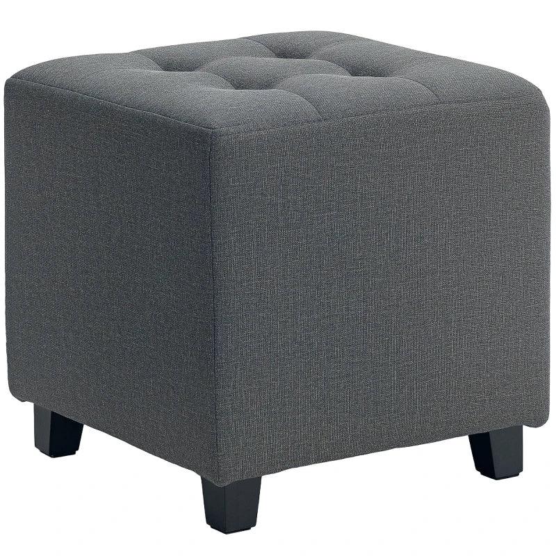 Square Footstool, Small Ottoman with Side Pocket, Linen Fabric Footrest Foot Stool with Rubber Wood Legs and Padded Seat for Living Room, Bedroom, Entryway, 35 x 35 x 35cm, Grey