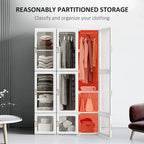 White wardrobe organizer with open doors and multiple cubbies for hanging and folded clothes.