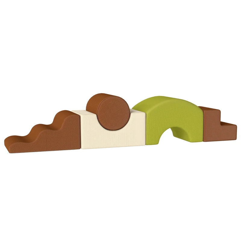 Foam climbing block set with brown and cream pieces and green arch ramp