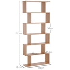 Maple wood-effect S-shaped 6-tier bookshelf storage unit with open shelf design