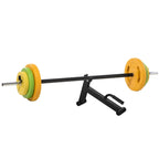 Adjustable barbell weights set with multicolored plates and black rack frame