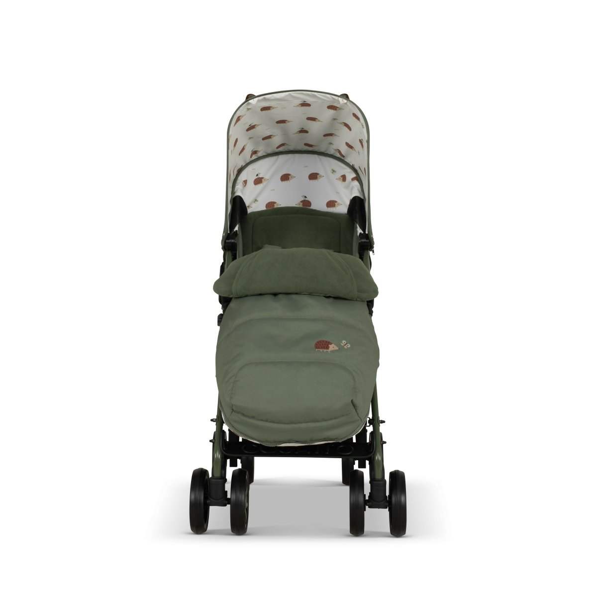 Green stroller with cream hedgehog-print seat liner and dark stroller frame