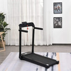 Black foldable motorized treadmill with LCD-style control console and running belt deck
