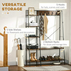 Storage clothes rail with 5 side hooks and multiple shelves, black frame, brown wood
