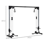 Black cable crossover power rack with size measurements shown for overall height and reach