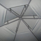 Inside view of grey hexagon gazebo canopy showing steel support frame and roof fabric