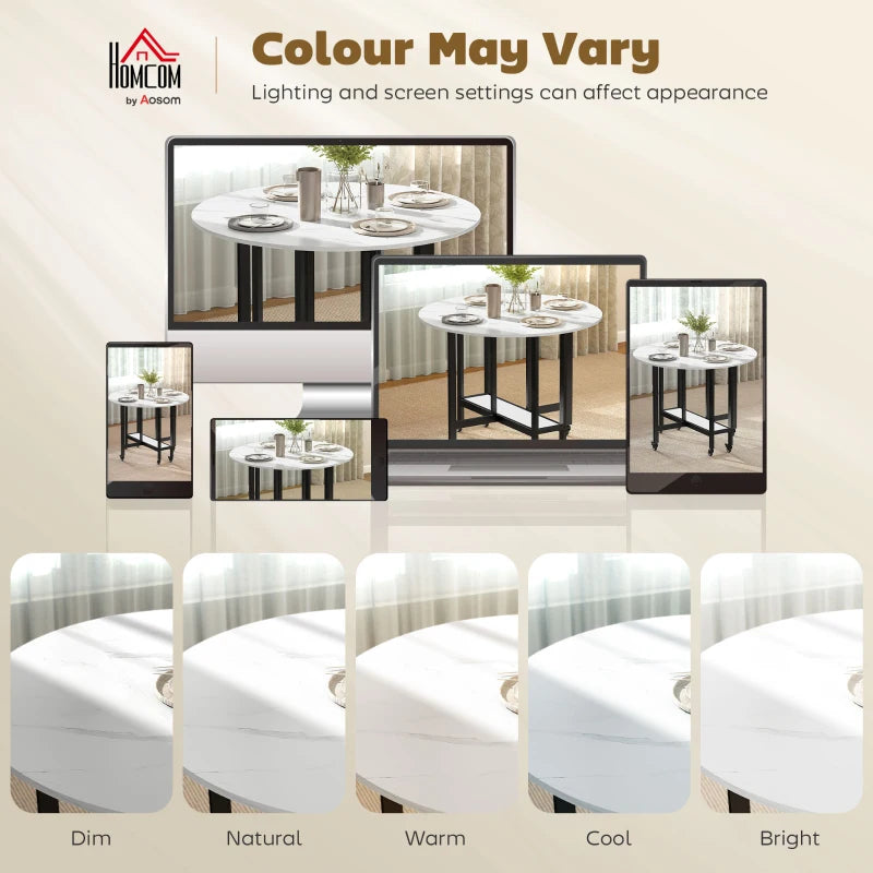 White marble folding dining table shown in multiple lighting color settings